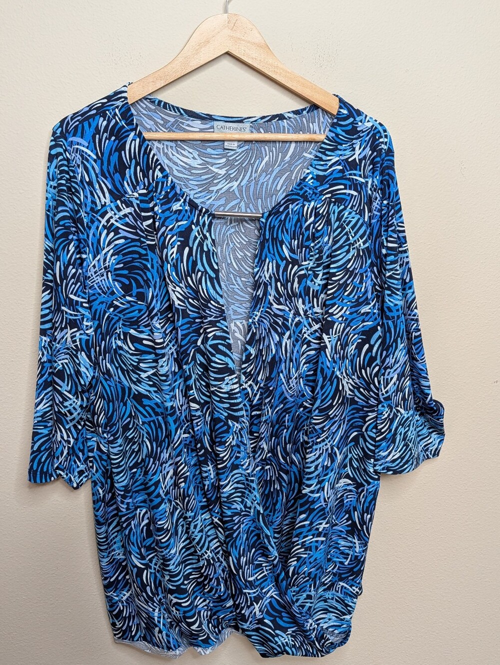 Catherines Blue Abstract Print V-Neck Blouse 3/4 Sleeve Plus Size 2X